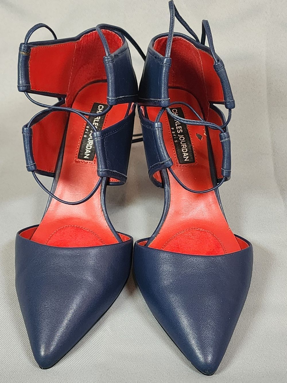 Charles Jourdan India Pump Navy Pointed Lace-Up Heels with Red Interior - Picture 6 of 13